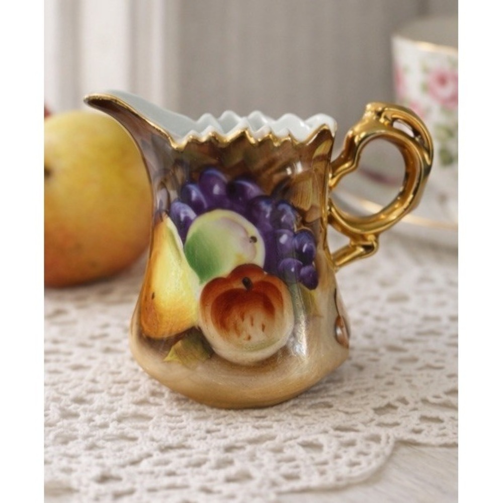 Vintage Lefton China Fruit Creamer Hand Painted Grapes Pear Peach Gold Trim